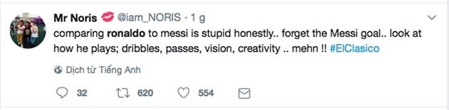"Thật lòng, so Ronaldo với Messi thật ngốc nghếch. Hãy quên đi những bàn thắng của Messi. Hãy xem cách anh ấy chơi bóng, rê bóng, chuyền bóng, nhãn quan, sự tự tin. Ôi".