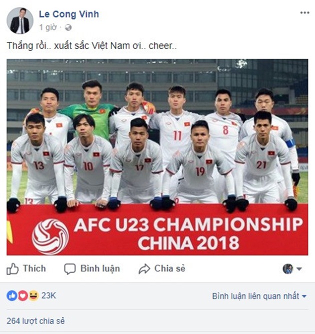 Cựu tiền đạo Lê Công Vinh đăng hình các cầu thủ U23 Việt Nam với lời khen ngợi đàn em, gọi màn trình diễn của các học trò HLV Park Hang-seo là xuất sắc.
