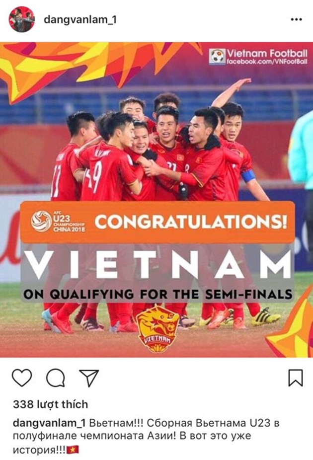 Trong khi đó, thủ thành Đặng Văn Lâm cùng dành những lời chúc cho U23 Việt Nam với một dòng trạng thái tiếng Nga trên Instagram cá nhân.