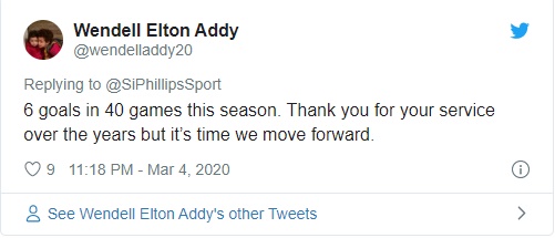 "6 bàn trong 40 trận mùa này. Cảm ơn sự cống hiến của bạn suốt nhiều năm qua, nhưng giờ là lúc chúng tôi phải bước lên."