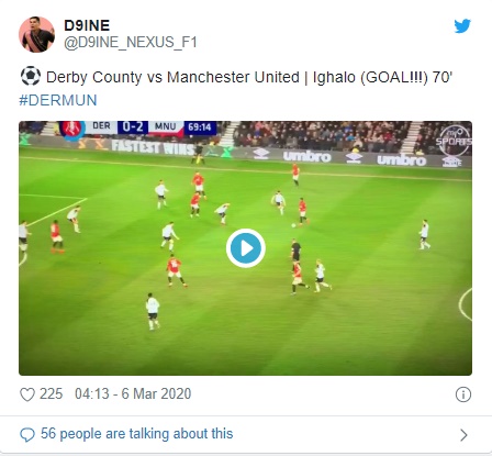 3. Odion Ighalo vs Derby County. Sau cú dứt điểm đầu tiên không thành, tình huống ra chân đầy quyết đoán sau đó của Ighalo đã không cho thủ thành  Kelle Roos một cơ hội nào qua đó ấn định chiến thắng 3-0 cho Man Utd trước Derby County.