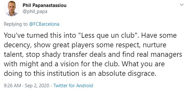 Bạn đã biến tiêu chí CLB này thành "Less que un club". Hãy thể hiện một chút lịch sự, tôn trọng với những cầu thủ tuyệt vời, nuôi dưỡng tài năng, ngừng các vụ chuyển nhượng mờ ám và tìm những HLV thực sự có năng lực và tầm nhìn cho câu lạc bộ. Những gì các người đang làm với tổ chức này là một sự ô nhục tuyệt đối.