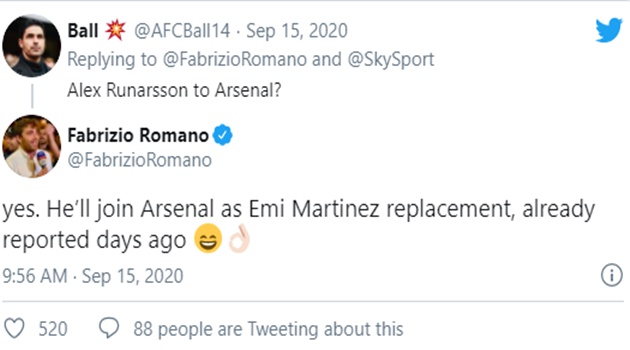 Fabrizio Romano claims Alex Runarsson will join Arsenal - Bóng Đá