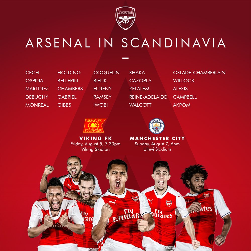 Đội hình Arsenal đến Na Uy. Ảnh: Internet.