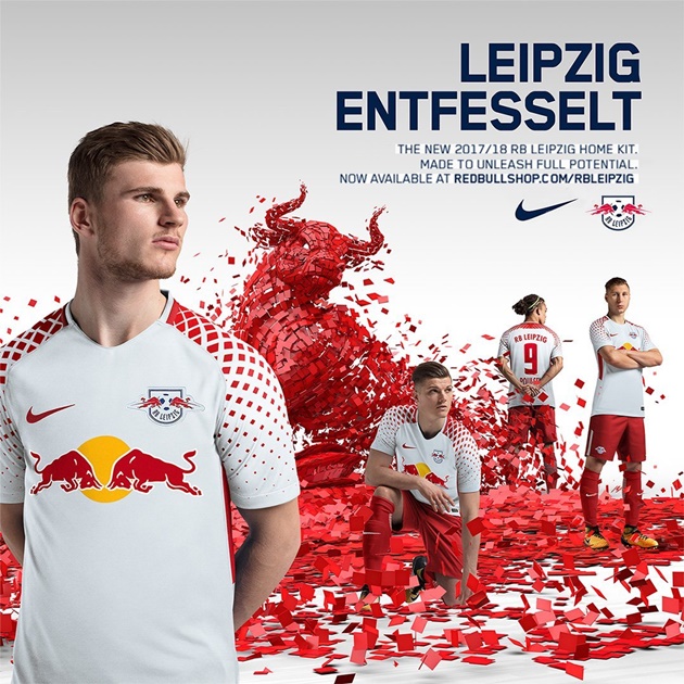 Poster công bố áo đấu sân nhà và sân khách cho mùa giải 2017/18 sắp tới của RB Leipzig