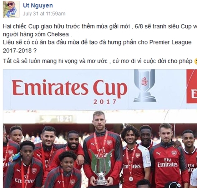Một cổ động viên Arsenal tên Ut Nguyen tự tin Arsenal sẽ.. ăn ba