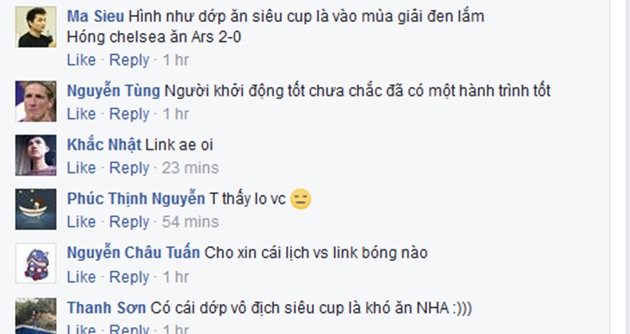 Bình luận của vài CĐV Chelsea trên trang Official Supporters Club Of Chelsea In Vietnam.
