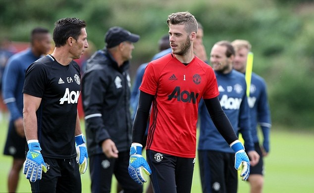 Thủ thành David De Gea thảo luận vài vấn đề với HLV thủ môn Emilio Alvarez. Ảnh: Internet.