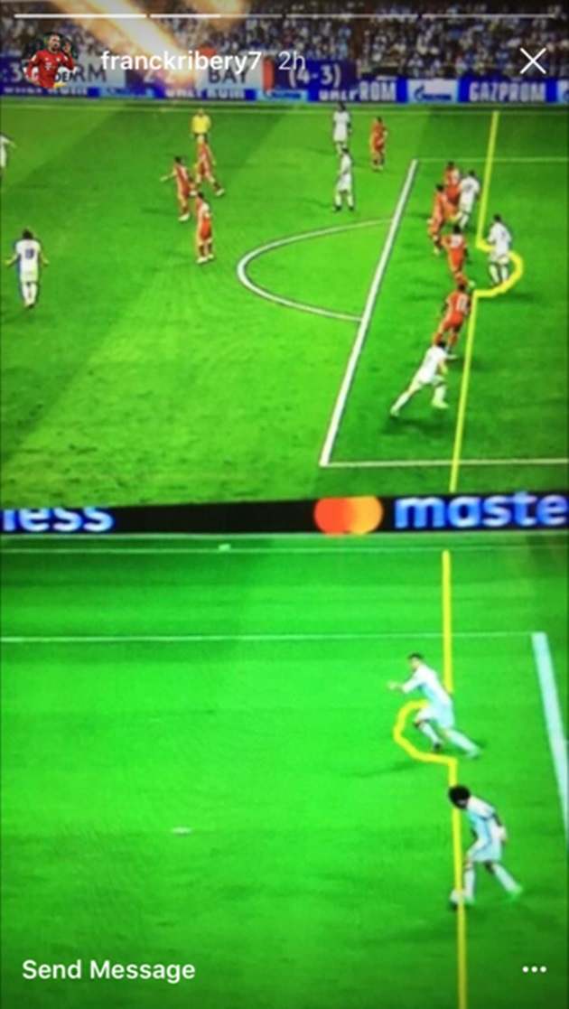 Ảnh chế của Ribery về hai bàn thắng Ronaldo đã rơi vào thế việt vị. Ảnh: Goal.