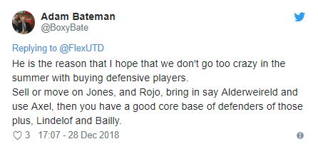 Tuanzebe là lý do mà tôi hy vọng rằng chúng ta sẽ không làm điều gì quá điên rồ vào mùa Hè tới khi mua các cầu thủ phòng ngự. Bán Jones, Rojo, chiêu mộ Alderweireld và sử dụng Tuanzebe, sau đó bạn có một hàng thủ ổn định với Lindelof và Bailly bên cạnh.
