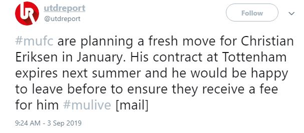 Theo Mail, Man Utd tái khởi động thương vụ Christian Eriksen vào tháng Giêng. Hợp đồng của Eriksen với Tottenham sẽ đáo hạn vào mùa Hè tới và cậu ấy sẽ vui vẻ ra đi để đảm bảo cho Tottenham một số tiền.