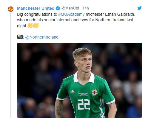 Trang chủ Man Utd chúc mừng Ethan Galbraith có màn ra mắt ĐTQG.
