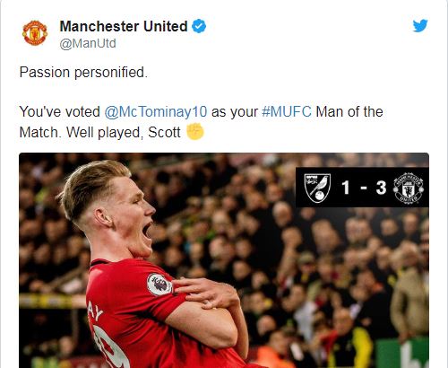 Trang chủ Man Utd bình chọn McTominay là cầu thủ xuất sắc nhất trận Norwich.