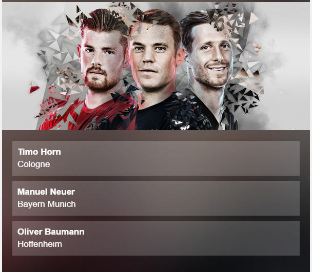 THỦ MÔN: Cả Horn và Baumann đều thi đấu xuất sắc ở mùa giải này. Đáng chú ý, Baumann đã có 11 trận giữ sạch lưới giúp Hoffenheim chính thức có vé dự Champions League. Tuy nhiên, khi phải cạnh tranh với thủ môn xuất sắc nhất thế giới, quá khó để Horn và Baumann giành chiến thắng.