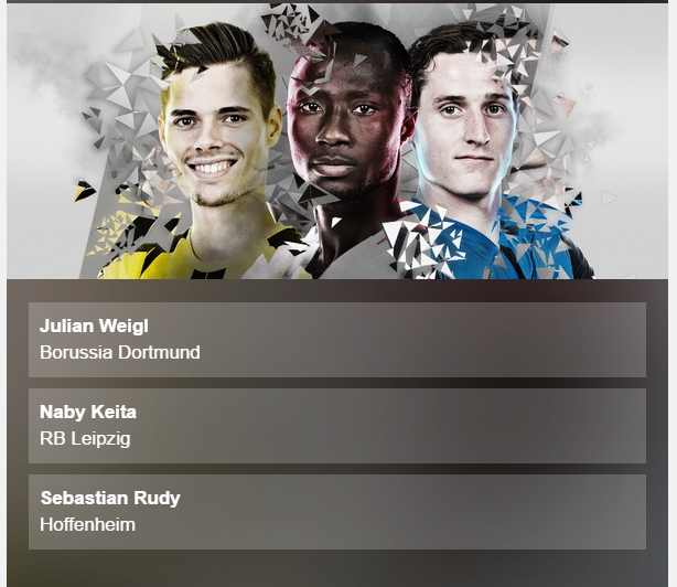 TIỀN VỆ TRUNG TÂM I: Weigl là chuyên gia cầm nhịp của Dortmund với khả năng chuyền bóng kiểm soát bóng siêu hạng. Keita đa năng trong cả tấn công phòng ngự, anh ghi 8 bàn và có 7 kiến tạo. Rudy là đội trưởng dẫn dắt Hoffenheim đến với đầu trường châu Âu. Nếu được, cả 3 đều xứng đáng có tên trong đội hình tiêu biểu của mùa giải.