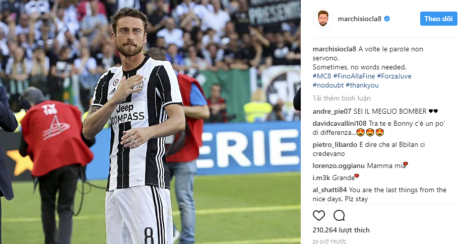 Marchisio chia sẻ tấm hình anh chạm vào logo Juventus cùng thông điệp: "Đôi khi có những thứ không thể diễn ta bằng lời.". Dấu hiệu cho thấy anh sẽ ở lại với Nhà vô địch Serie A.