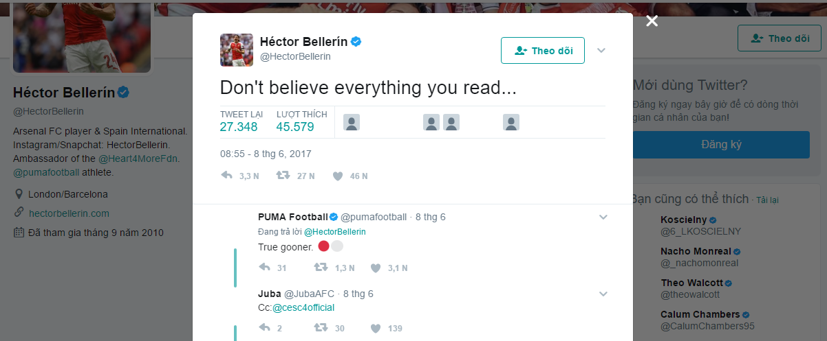 Đích thân Bellerin phải lên tiếng thanh minh.