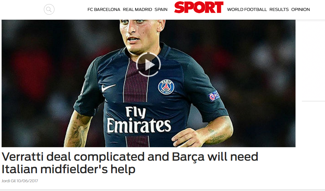 Verratti tiếp tục trở thành mục tiêu mới của Sport.