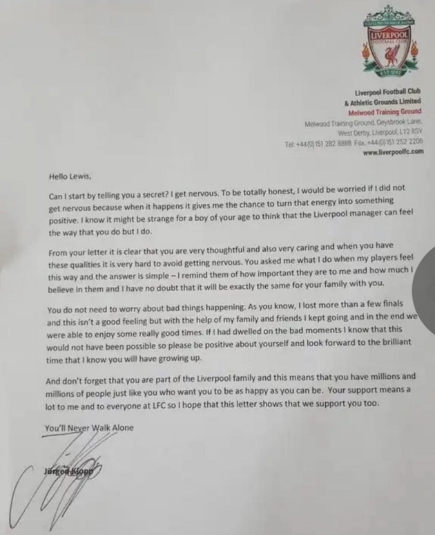 LIVERPOOL FANS ABSOLUTELY LOVE KLOPP’S TOUCHING LETTER TO YOUNG REDS FAN - Bóng Đá