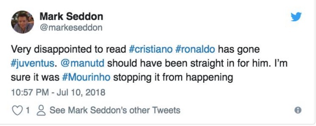 Thật sự thất vọng khi nghe được tin tức Ronaldo đến Juve. Tôi chắc chắn Mourinho đã ngăn chặn nó xảy ra.