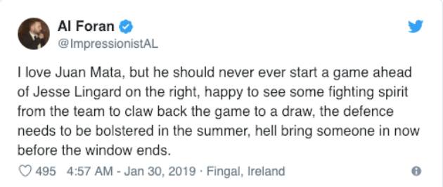 Tôi yêu Juan Mata nhưng anh ấy không bao giờ nên bắt đầu một trận đấu trước Jesse Lingard ở bên phải, thật hạnh phúc khi thấy những sự chiến đấu để khiến nó trở thành một trận hoà, cần bổ sung trung vệ vào mùa hè...