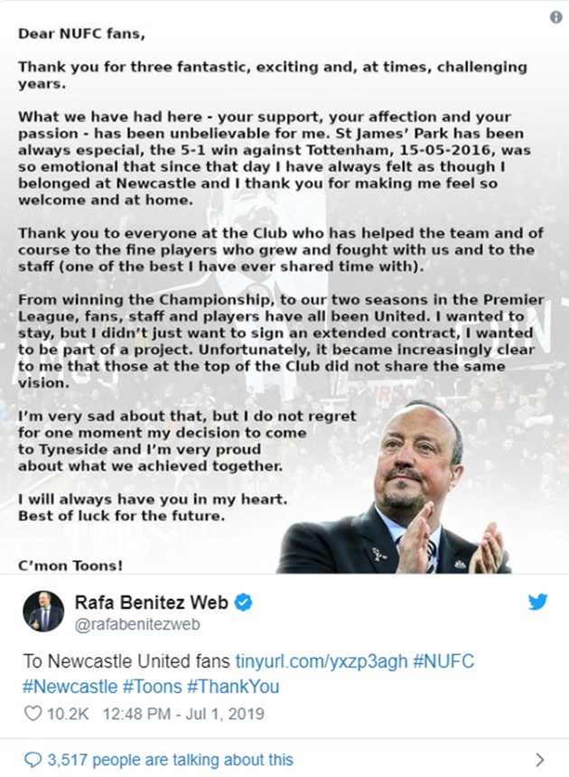 Rafael Benitez says he wanted to stay at Newcastle but did not share club's 'vision' - Bóng Đá
