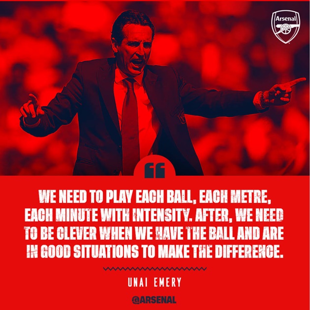 HLV Unai Emery nói: Chúng tôi cần tận dụng mỗi quả bóng, mỗi mét cỏ, mỗi phút thi đấu với cường độ. Sau đó, chúng tôi cần thật tinh tường khi có bóng hay trong những tình huống tốt để tạo ra sự khác biệt.