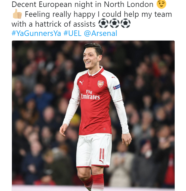 Ozil bày tỏ hạnh phúc khi góp công lớn trong đại thắng của Pháo thủ.
