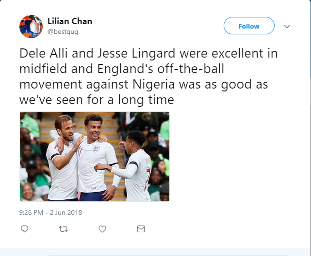 "Lingard và Alli đã trở thành cặp tiền vệ tuyệt vời để đánh bại Nigeria. Điều này đã rát lâu chúng tôi không được chứng kiến."