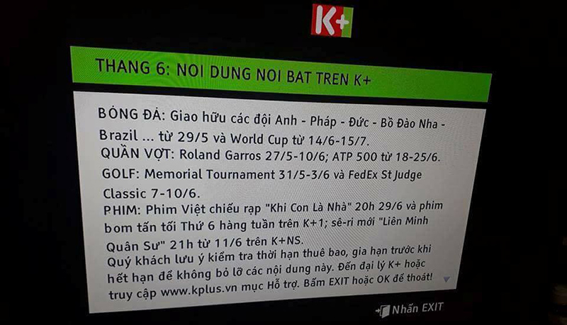 Chương trình phát sóng dự kiến của K+ trong tháng 6, trong đó có World Cup.
