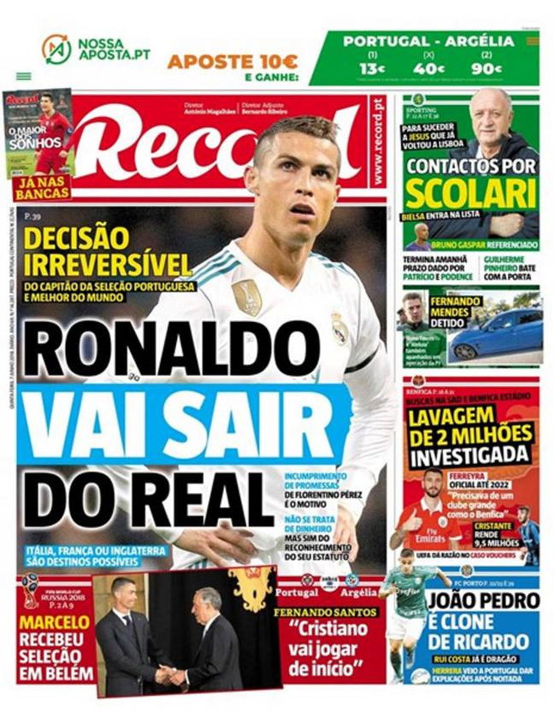 Tờ Record đưa tin về Ronaldo ngay trang đầu.