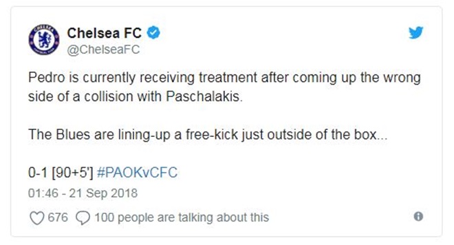 Trang Twitter Chelsea xác nhận về chấn thương của Pedro.