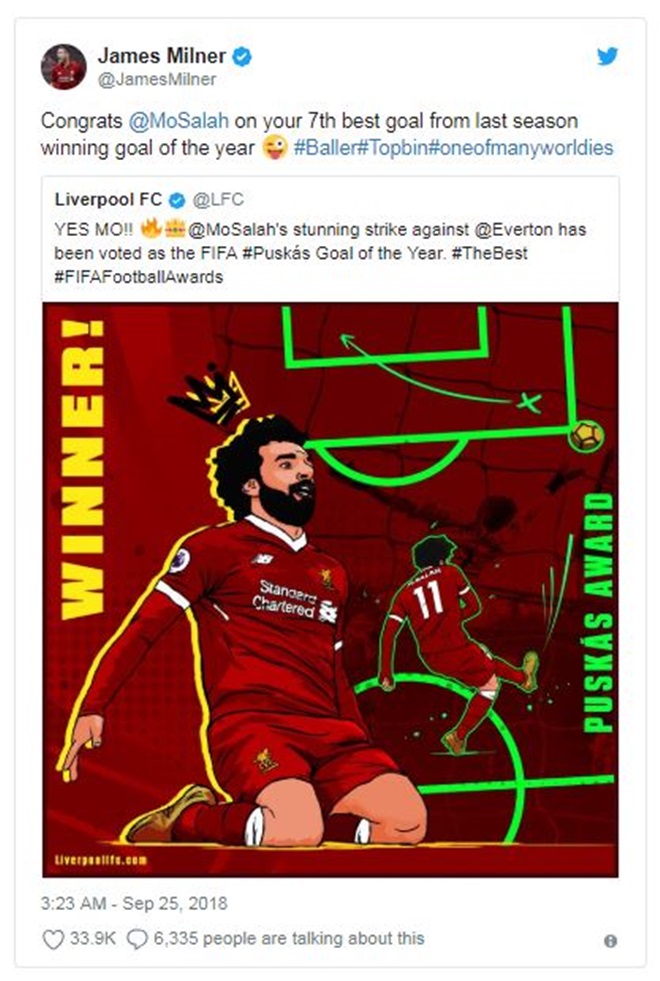 Dòng tweet chúc mừng Mohamed Salah của người đồng đội James Milner.
