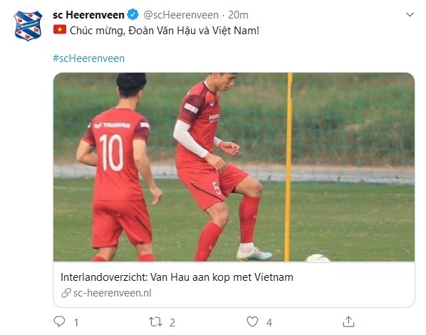 Trang Twitter của SC Heerenveen gửi lời chúc mừng đến Đoàn Văn Hậu và tuyển Việt Nam.