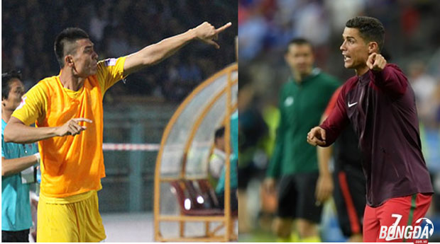 Trung vệ Bật Hiếu tái hiện hình ảnh của Ronaldo trong trận chung kết EURO 2016 giữa Bồ Đào Nha gặp ĐT Pháp, khi lao ra đường biên chỉ đạo như HLV thực thụ. Ảnh: Đình Viên.