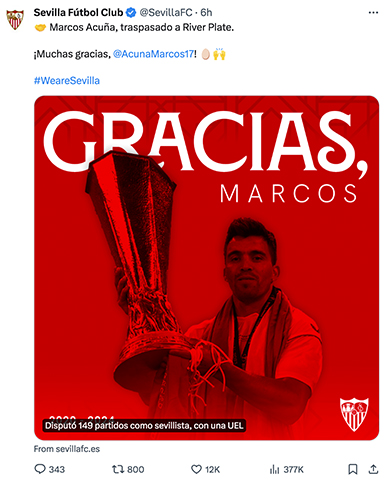 Sevilla thông báo chia tay Acuna trên nền tảng mạng xã hội.