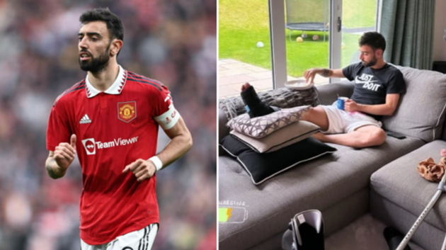 Bruno Fernandes pictured with protective boot and crutches amid fresh Manchester United injury fears - Bóng Đá