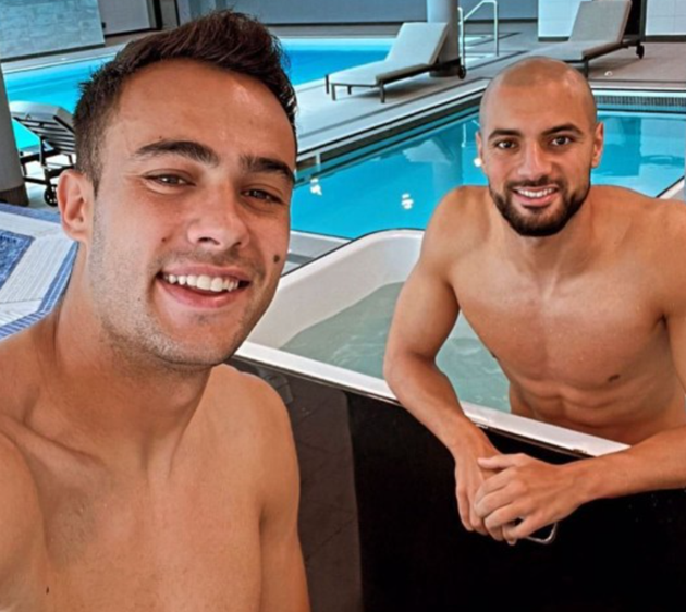 Sofyan Amrabat pictured with fellow Manchester United new boy Sergio Reguilon at training - Bóng Đá