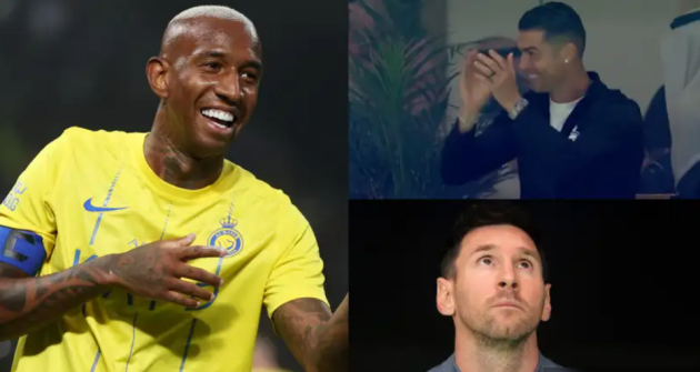 Cristiano Ronaldo can't contain his excitement at thrashing Lionel Messi's Inter-Miami as Al-Nassr superstar watches on from the stands with glee - Bóng Đá