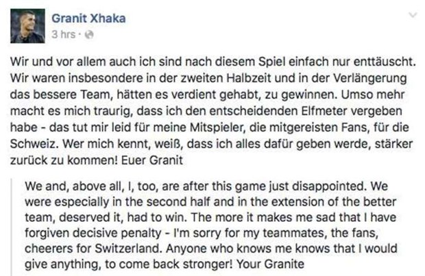 Xhaka đăng đàn xin lỗi vì khiến Thụy Sĩ bị loại