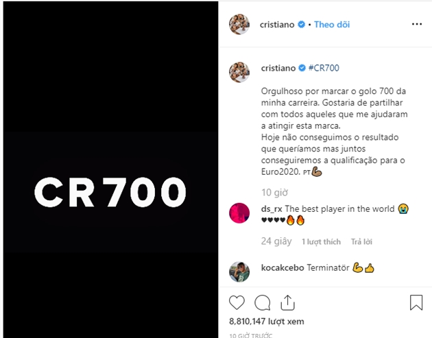 Ronaldo đăng trên Instagram: 