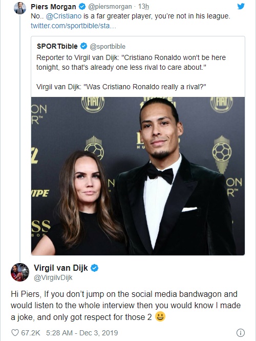 Virgil van Dijk clears up Cristiano Ronaldo ‘dig’ at Ballon d’Or awards   Read more: https://metro.co.uk/2019/12/03/virgil-van-dijk-clears-cristiano-ronaldo-dig-ballon-dor-awards-11259016/?ito=cbshare  Twitter: https://twitter.com/MetroUK | Facebook: https://www.facebook.com/MetroUK/ - Bóng Đá