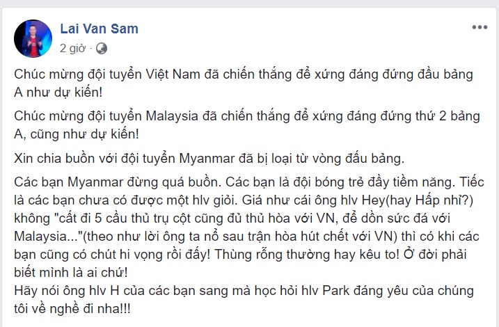 ĐT Việt Nam giành ngôi đầu, MC Lại Văn Sâm gửi lời thâm thúy đến Myanmar - Bóng Đá