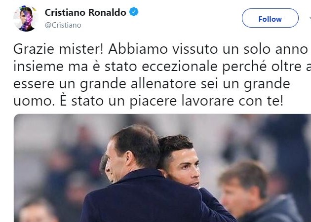 Cristiano Ronaldo nói lời cảm động trong ngày từ biệt Allegri - Bóng Đá
