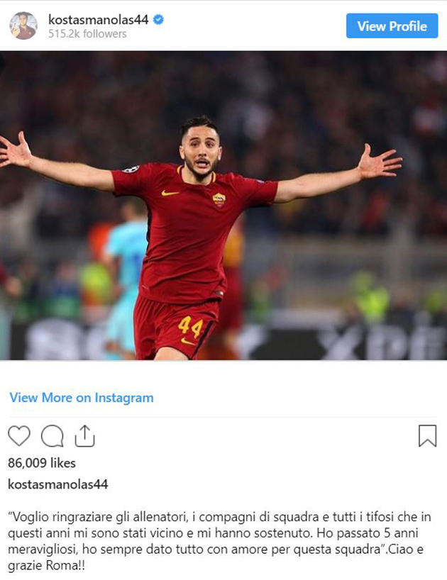 Manolas: 'Gave everything for Roma' - Bóng Đá