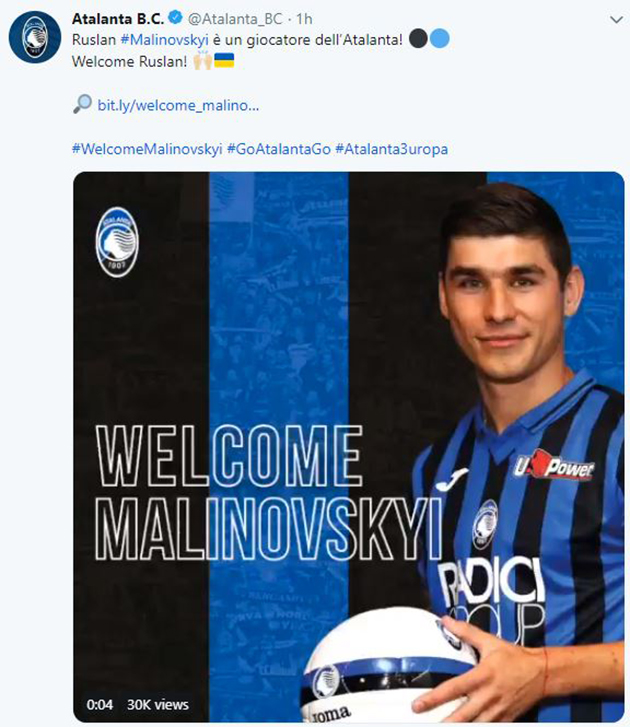 Official: Atalanta sign Malinovskyi - Bóng Đá