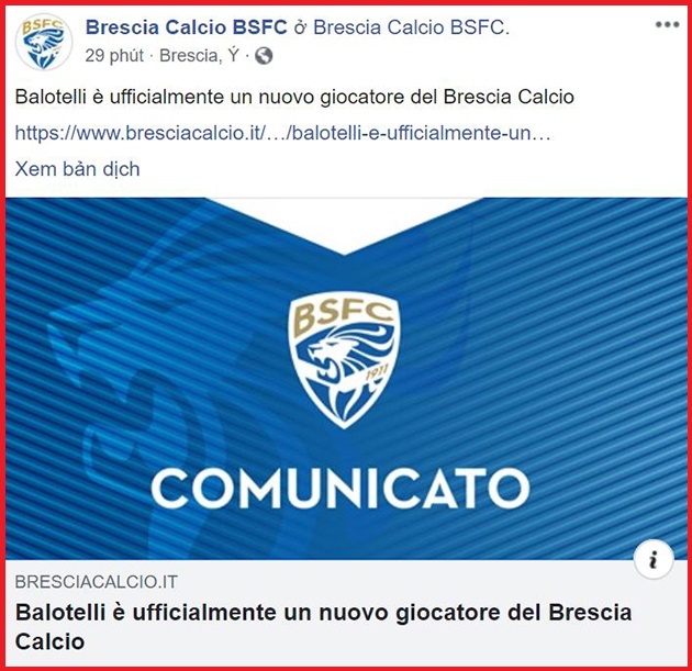 CHÍNH THỨC: 'Cậu bé hư' nước Ý đầu quân cho Brescia - Bóng Đá