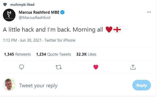 "Một chút hack và tôi đã quay trở lại. Chào tất cả," Rashford đăng tải trên trang Twitter cá nhân.