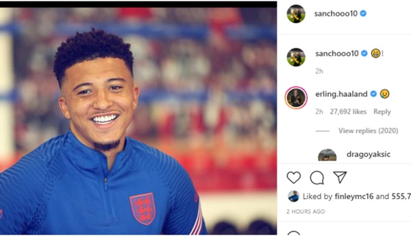 Erling Haaland posts upset response to Jadon Sancho's Instagram post - Bóng Đá