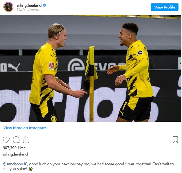 Erling Haaland sends message to Jadon Sancho after United move confirmed - Bóng Đá